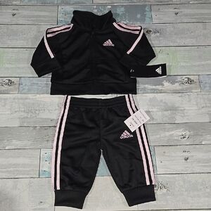 Adidas Black & Pink  Track Suit Jogger Jacket Set Size 0/3 Mo NWT